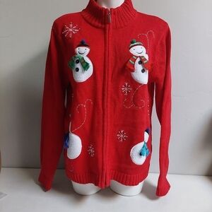 Classic Elements‎ Red Sweater Full Zip Snowman 3D Holiday Ribbed Trim Size Large
